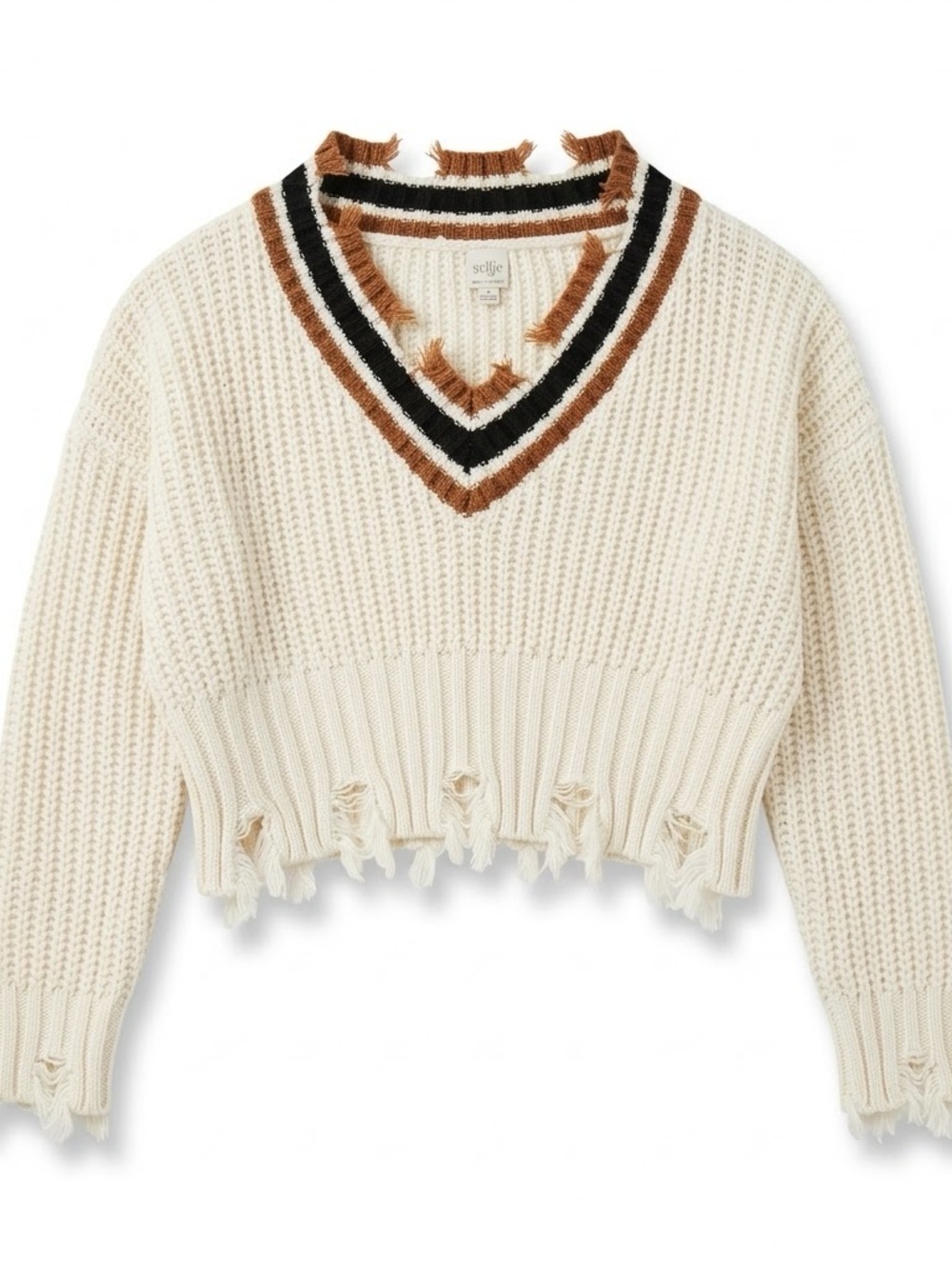 Selfie Leslie Cream Cropped VโNeck Sweater with Brown & Black Trim